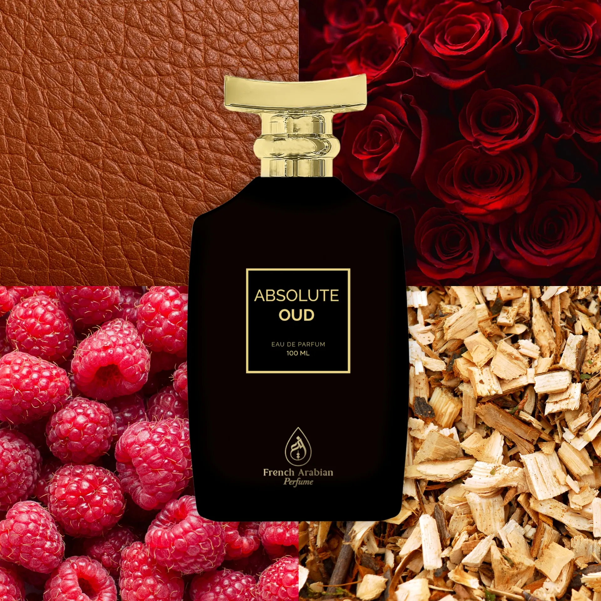 Absolute Oud bottle surrounded by roses, raspberries, leather and oud wood